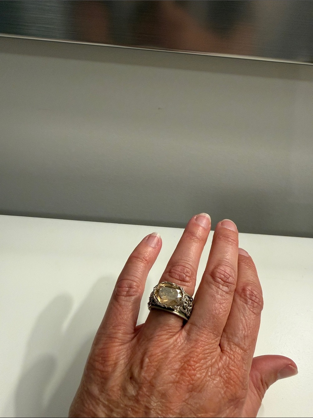 Sterling Silver Floral Cocktail Ring with Pale Yellow Stone